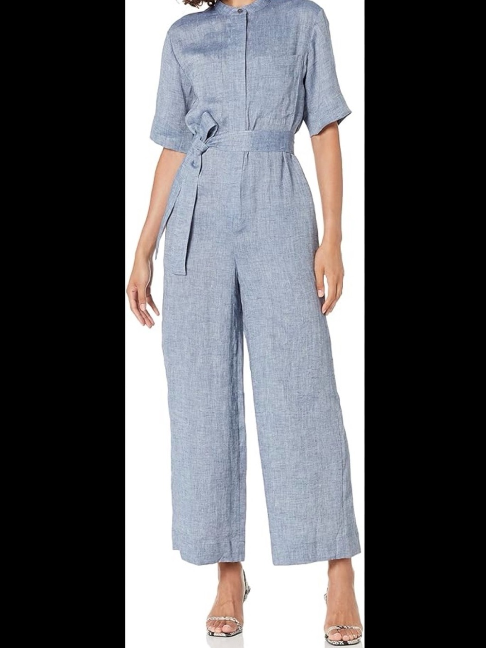 Theory Chambray-Style Light Blue Linen Jumpsuit with Tie Belt